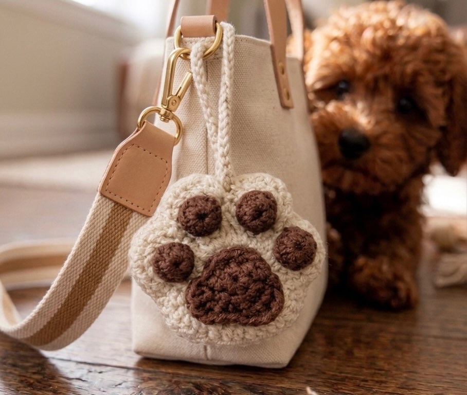 Small beige handbag with a paw-shaped keychain and a brown dog in the background