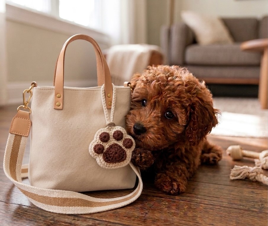 Small brown dog next to a beige handbag with a paw charm on a wooden floor.